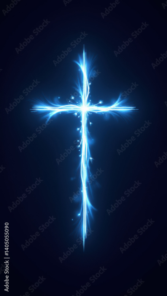 Poster blue glowing cross against a gray background with light rays emanating from it.