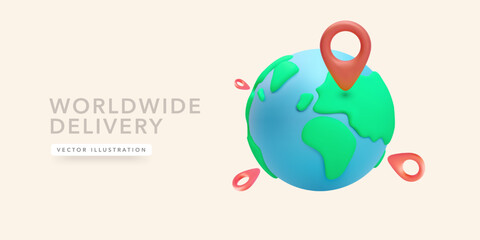 Worldwide Delivery And Global Logistics Concept With 3D Earth And Red Location Pins Representing International Shipping And Network Coverage. Clean And Minimal Vector Illustration.