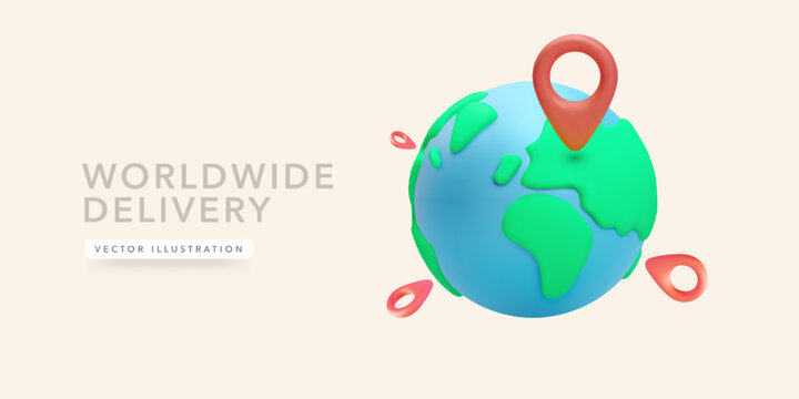 Worldwide Delivery And Global Logistics Concept With 3D Earth And Red Location Pins Representing International Shipping And Network Coverage. Clean And Minimal Vector Illustration.