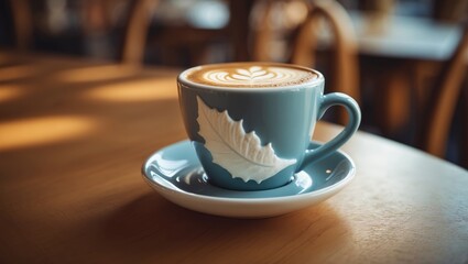 Fototapeta premium Cappuccino placed on a table in a cafÃ©