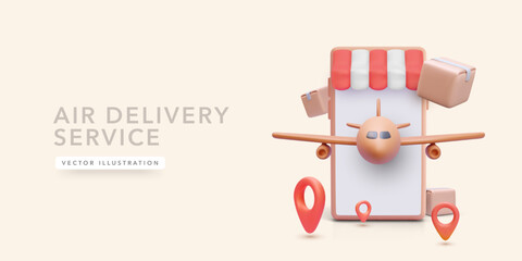 Airplane Flying Out of Smartphone Screen With Boxes and Location Pins, Representing Fast International Shipping and Online Delivery. Trendy 3D Style. Vector Illustration.