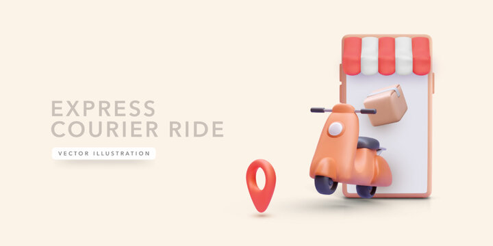 Delivery Scooter With Package Coming Out of Smartphone Screen, Symbolizing Fast Online Shipping and E-Commerce Services. Trendy 3D Cartoon Style. Vector Illustration. - Powered by Adobe