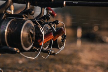 Carp fishing rods and reels, lakeside angling scene