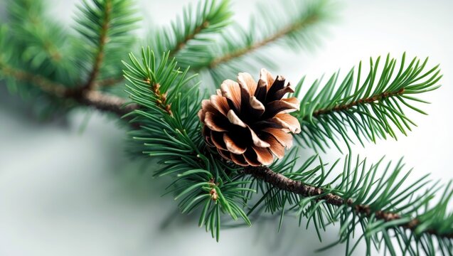 Cedrus twig featuring a cone against a white backdrop