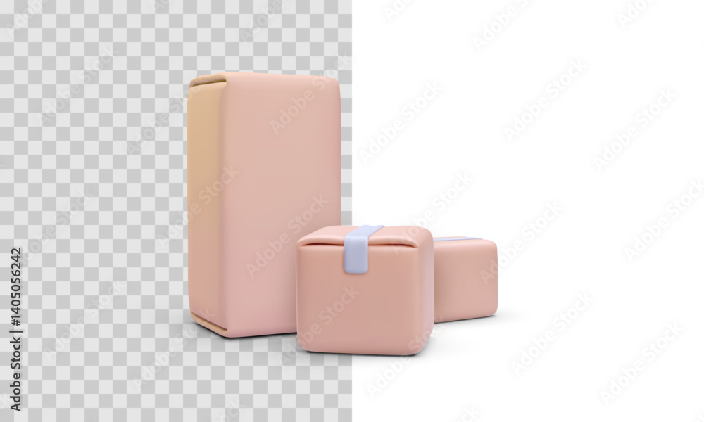 Poster 3d render of stylized delivery boxes with smooth pastel colors and soft shapes. perfect for e-commer