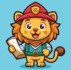 Obraz premium Cartoon Lion Firefighter Holding Document Standing On Light Blue Background Illustration