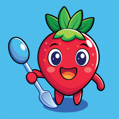 Obraz premium Cute Strawberry Character Holding A Spoon Cartoon Illustration Food Design