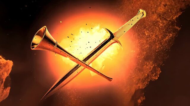 A golden Sword and golden Trumpet Gods last warning to humanity with Fire Effects 4K