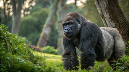 Obraz premium A silver back gorilla standing and looking alert and menacing against a natural background 