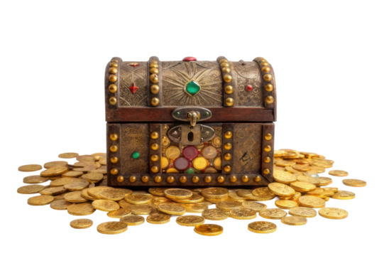 Treasure chest filled with gold coins evokes adventure and mystery in an enchanting setting