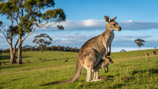 Mother Kangaroo with Joey in Australian Grassland - Powered by Adobe