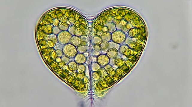 Close-up of heart-shaped desmid algae featuring symmetrical cell structures and vibrant green chloroplasts under microscopic view