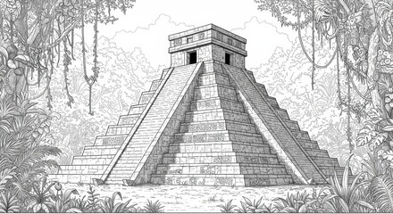 Mayan Pyramid Line Art with Glyphs and Jungle
