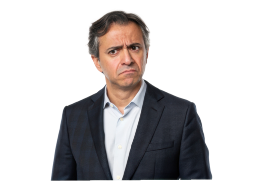 Confused businessman expressing doubt in a corporate setting during a meeting