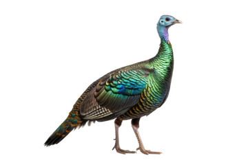 Obraz premium Vibrant peacock with iridescent feathers standing gracefully on a neutral backdrop