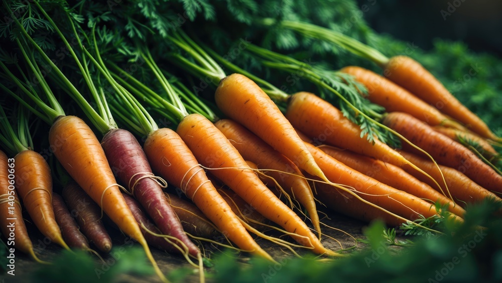 Poster vibrant carrot clusters with green tops tied together using elastic bands. selective focus allowing 