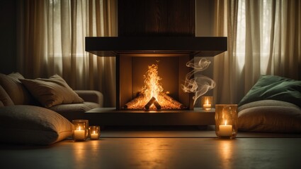 A wooden chamber featuring a lit fireplace