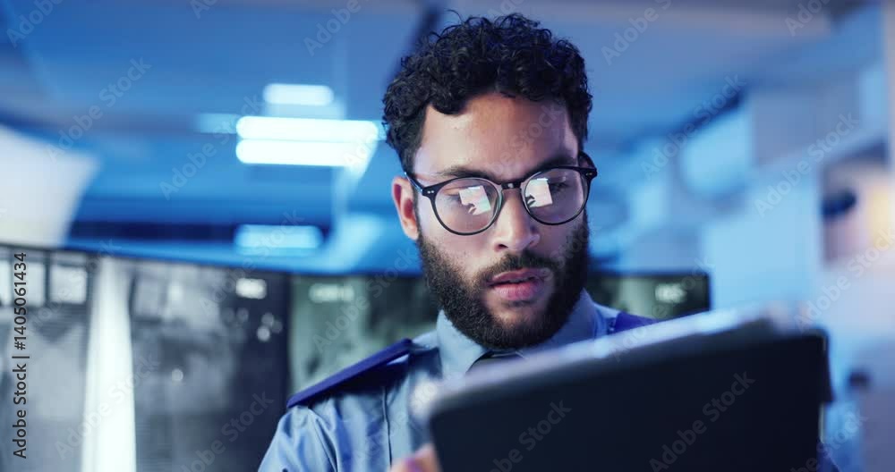 Poster surveillance, tablet and thinking with man in control room for for monitoring, safety or security. c
