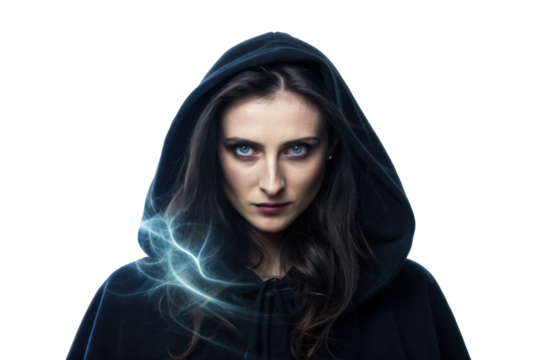 Mysterious woman with intense gaze and glowing aura in dark hooded cloak, ideal for fantasy and creative design projects