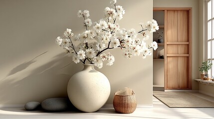 A serene, minimalist interior showcasing a large vase of cherry blossoms