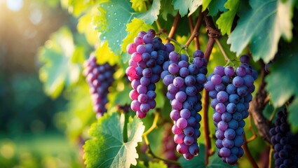 Obraz premium Clusters of purple grapes hanging on the vine in the garden. Close-up of fresh, ripe, juicy grapes.