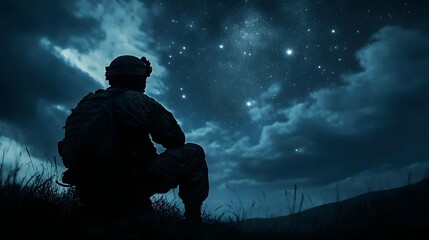 Night Sky Soldier: A silhouetted soldier sits contemplatively under a breathtaking night sky, gazing at a vast expanse of stars. The image evokes themes of reflection, longing.