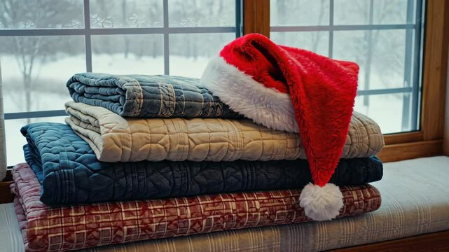 Stack of cozy quilts with a red Santa hat on a window seat with snowy winter view outside, a festive holiday season