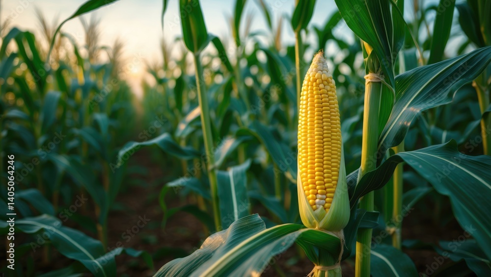 Poster A close-up image of corn cob in a field.