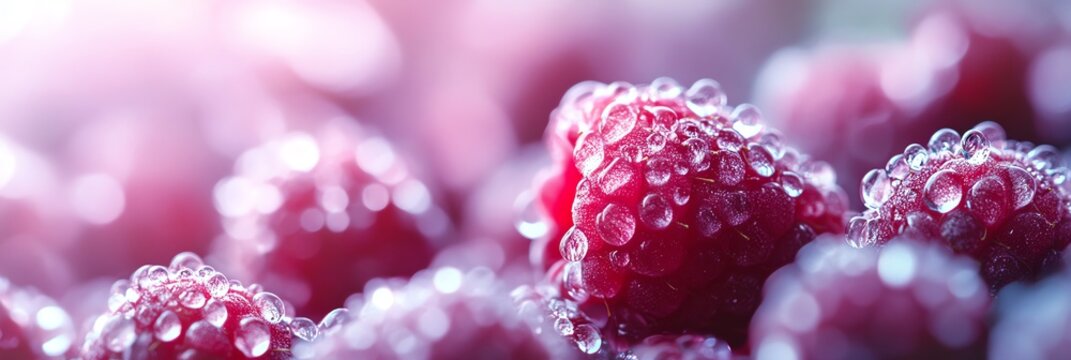 Fresh raspberries glistening with morning dew, a vibrant macro shot capturing nature's beauty. Perfect for food, health, and garden themes. High-quality, natural, and refreshing