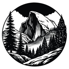 Black and White Mountain Landscape Illustration: Half Dome, Pine Trees, and Scenic Nature Artwork in Circular Design