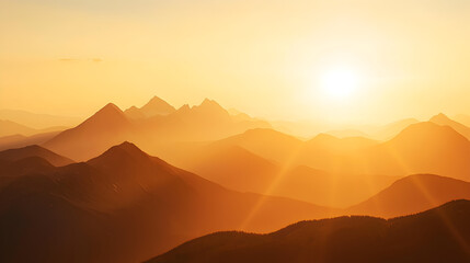 hour scene with the sun slowly setting behind a range of tall mountains, casting a soft golden glow across the horizon 