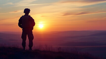 Soldier at Sunset: A soldier stands in silhouette against the warm, orange glow of a breathtaking sunset. His silhouette embodies strength and resilience.