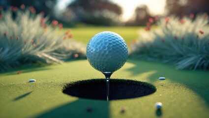 A golf ball precariously positioned on the brink of the hole, moments from dropping in.