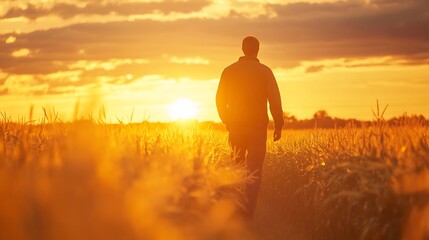 Golden Sunset Silhouette: Man Walking Through a Wheat Field