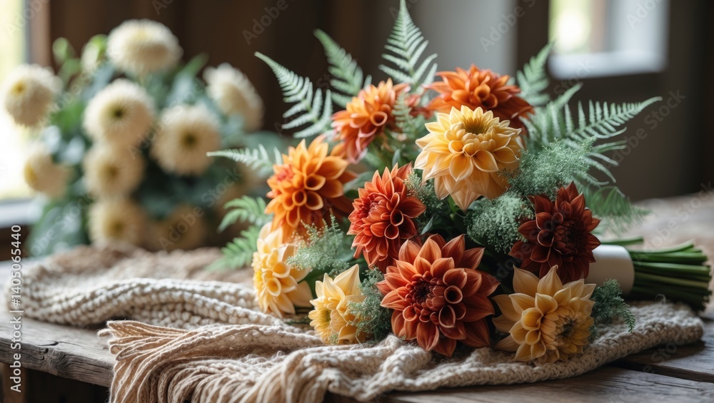 Poster Chrysanthemums arranged in a bouquet with a hazy background.