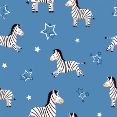 Seamless vector pattern with zebras on a blue background, featuring little stars. Cute illustration for textile design or kids' room decor