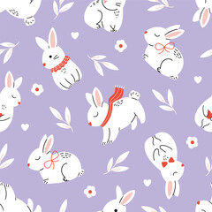 Adorable bunny pattern illustration featuring white rabbits with scarves and bows on a lavender background. Ideal for textiles, wallpaper, and gift wrapping. Vector illustration