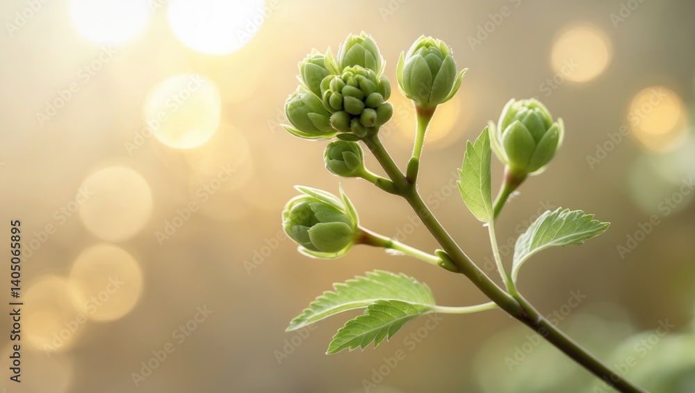 Poster a detailed view of vibrant young leaves and fragile buds on a branch, elegantly lit by soft warm lig