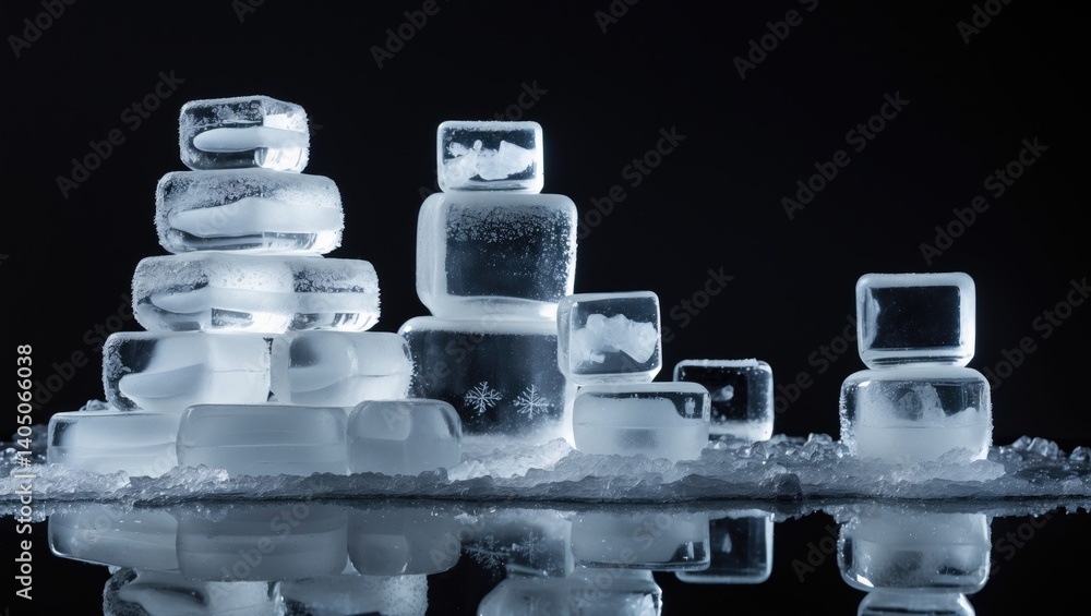 Poster three ice cubes clustered together, set against a black backdrop.