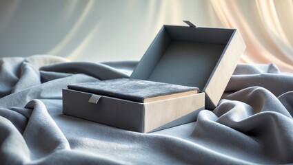 On the box sits a photo book with a grey cloth cover, illustrating the concept of creating albums and books from photographs.
