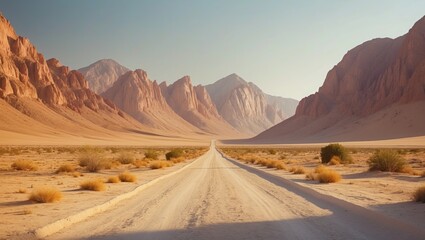 Naklejka premium An expansive landscape featuring a dirt road traversing arid flatlands leading to towering granite mountains.