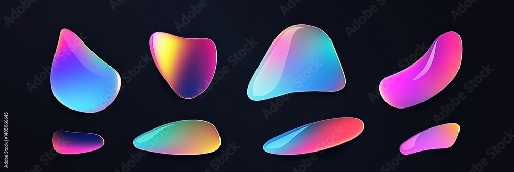 Poster Vibrant neon gradient shapes on a deep black background with glossy reflections showcasing modern design elements