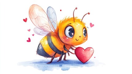 Cute Cartoon Bee Holding Heart with Colorful Hearts Background Watercolor