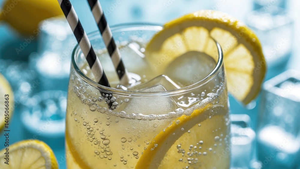 Poster Close-up view of lemon wedges in mixed lemonade with ice cubes in the backdrop.