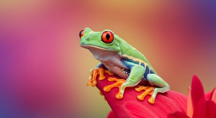 Fototapeta premium Vibrant Tree Frog Perched on Bright Pink Flower