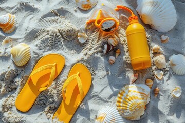 Summer-themed flat lay featuring flip flops, sunglasses, and a bottle, surrounded by seashells.
