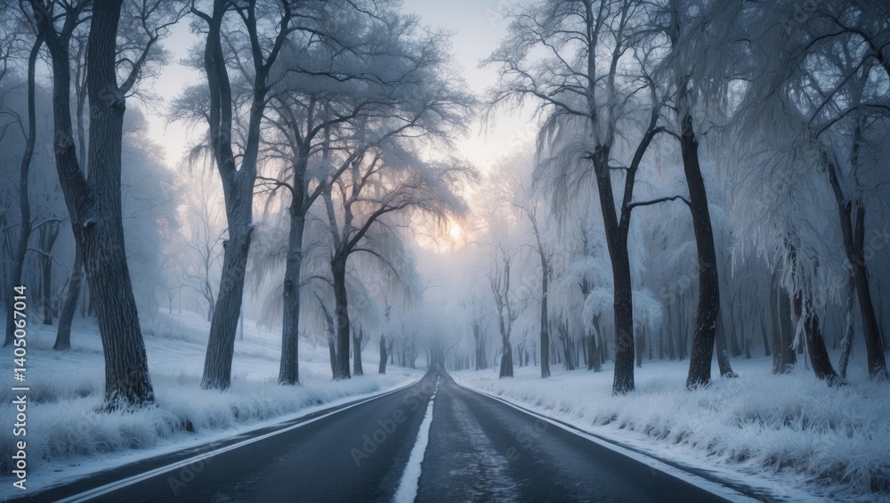 Poster a peaceful winter morning beside a frosted winding path flanked by leafless trees in an isolated are