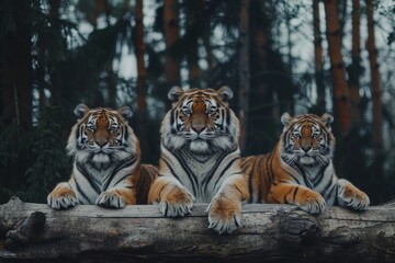 Big tiger with small tiger cubs, tiger family in nature