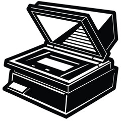 Black and White Illustration of an Open Flatbed Scanner for Document Digitization and Image Scanning, Vector Graphic