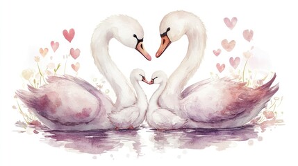 Fototapeta premium Elegant Swans Forming Heart Shape with Love in Soft Watercolor